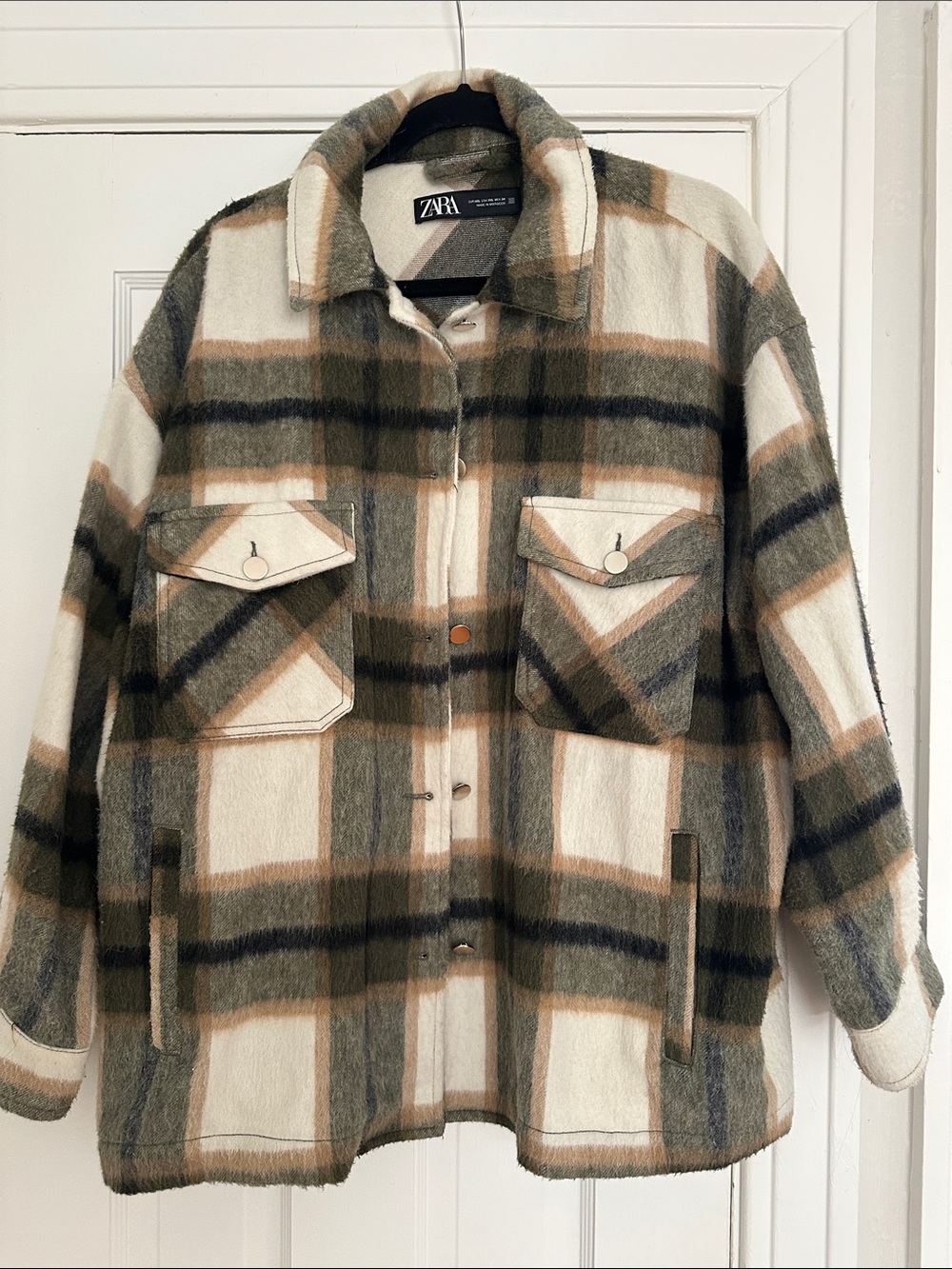 Zara Cream, Olive & Brown Plaid Button-Up Shacket